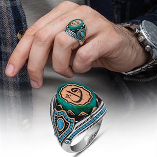 Elif Vav Harfli Mavi Taşlı 925 Gümüş Erkek Yüzük