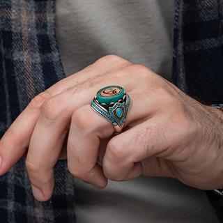 Elif Vav Harfli Mavi Taşlı 925 Gümüş Erkek Yüzük