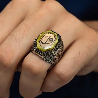 Elif Vav Harfli Sarı Taşlı 925 Gümüş Erkek Yüzük