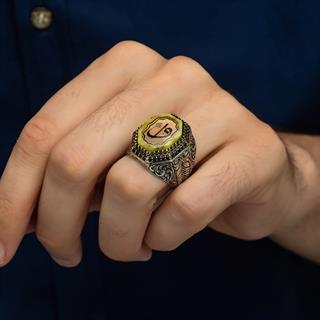 Elif Vav Harfli Sarı Taşlı 925 Gümüş Erkek Yüzük