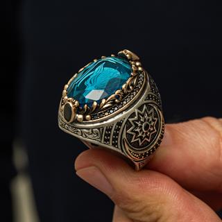 Fetih Koleksiyonu Kurt Başı Mavi Taşlı 925 Gümüş Yüzük