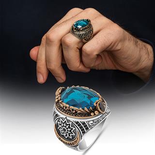 Fetih Koleksiyonu Kurt Başı Mavi Taşlı 925 Gümüş Yüzük