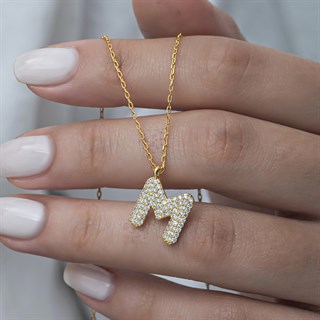 Gümüş Altın Kaplama Taşlı Harf Kolye