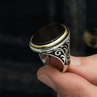 Gümüş Oval Oniks Taşlı Erkek Yüzük