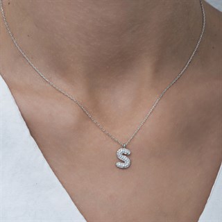 Gümüş Rodyum Kaplama Taşlı Harf Kolye