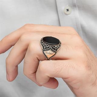 Gümüş Siyah Oniks Taşlı Harfli Erkek Gümüş Yüzük