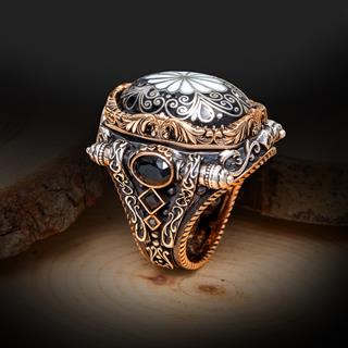 İslam Usta Selçuklu Motif Taşlı 925 Ayar Erkek Gümüş Yüzük