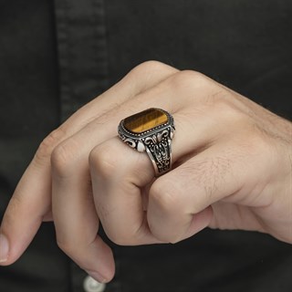 Kaplan Gözü Taşlı 925 Gümüş Erkek Yüzük