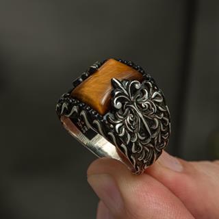 Kaplan Gözü Taşlı  925 Gümüş Erkek Yüzük