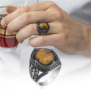 Kaplan Gözü Taşlı Akrep Figürlü 925 Gümüş Erkek Yüzük