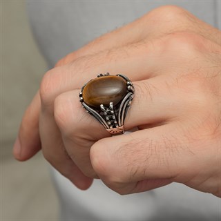 Kaplan Gözü Taşlı Oval 925 Gümüş Erkek Yüzük