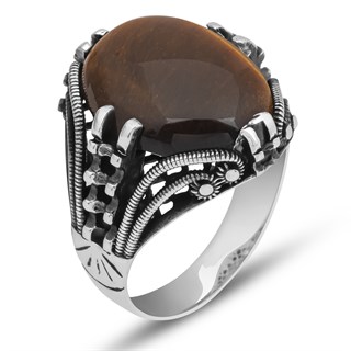 Kaplan Gözü Taşlı Oval 925 Gümüş Erkek Yüzük