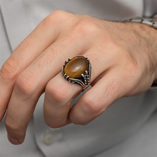 Kaplan Gözü Taşlı Oval 925 Gümüş Erkek Yüzük