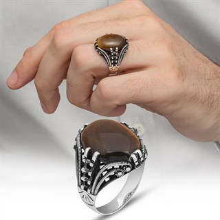 Kaplan Gözü Taşlı Oval 925 Gümüş Erkek Yüzük