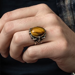 Kaplan Gözü Taşlı Oval 925 Gümüş Erkek Yüzük