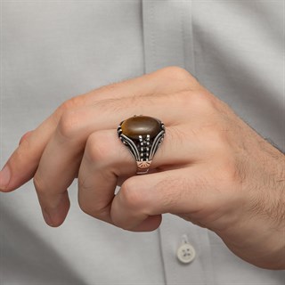 Kaplan Gözü Taşlı Oval 925 Gümüş Erkek Yüzük