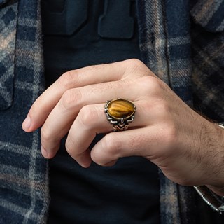 Kaplan Gözü Taşlı Oval 925 Gümüş Erkek Yüzük