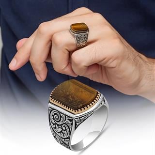 Kaplan Gözü Taşlı Oyma Motif 925 Gümüş Erkek Yüzük