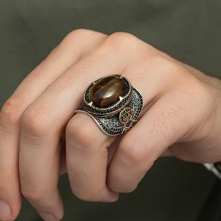 Kaplan Gözü Taşlı Süleyman Mührü 925 Gümüş Erkek Yüzük