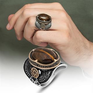 Kaplan Gözü Taşlı Süleyman Mührü 925 Gümüş Erkek Yüzük