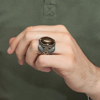 Kaplan Gözü Taşlı Süleyman Mührü 925 Gümüş Erkek Yüzük