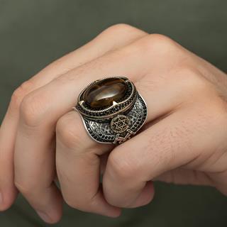 Kaplan Gözü Taşlı Süleyman Mührü 925 Gümüş Erkek Yüzük