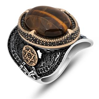 Kaplan Gözü Taşlı Süleyman Mührü 925 Gümüş Erkek Yüzük