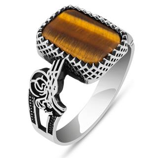 Kaplan Gözü Taşlı Tuğra Motifli 925 Gümüş Erkek Yüzük