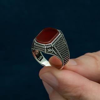 Kare Akik Taşlı Lale Motifli 925 Gümüş Erkek Yüzük