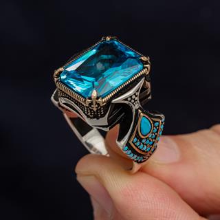 Kare Aqua Mavi Taşlı 925 Gümüş Erkek Yüzük