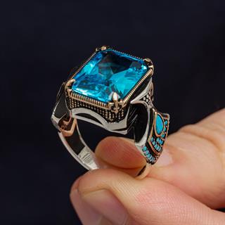 Kare Aqua Mavi Taşlı 925 Gümüş Erkek Yüzük