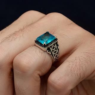 Kare Aqua Mavi Taşlı Harfli 925 Gümüş Yüzük Erkek
