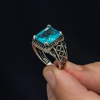 Kare Aqua Mavi Taşlı Harfli 925 Gümüş Yüzük Erkek