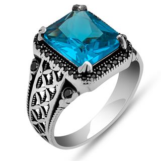 Kare Aqua Mavi Taşlı Harfli 925 Gümüş Yüzük Erkek