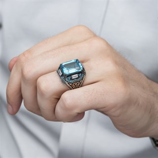 Kare Aqua Mavisi Renk Taşlı 925 Gümüş Erkek Yüzük