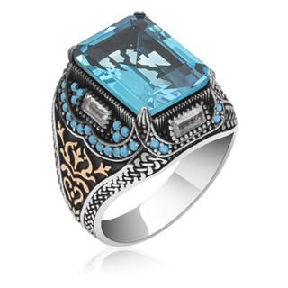 Kare Aqua Mavisi Renk Taşlı 925 Gümüş Erkek Yüzük