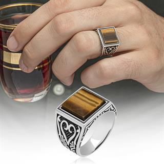 Kare Kaplan Gözü Taşlı 925 Gümüş Erkek Yüzük