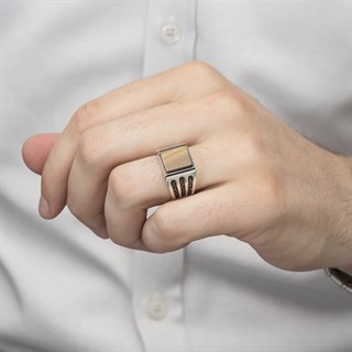 Kare Kaplan Gözü Taşlı 925 Gümüş Erkek Yüzük