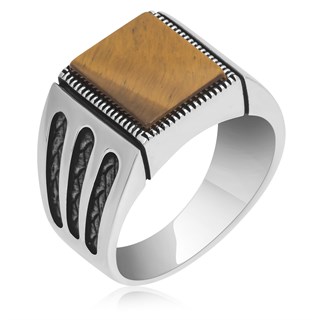 Kare Kaplan Gözü Taşlı 925 Gümüş Erkek Yüzük