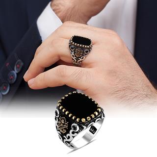 Kare Oniks Taşlı Osmanlı Devleti Armalı 925 Gümüş Erkek Yüzük