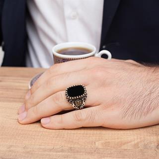 Kare Oniks Taşlı Osmanlı Devleti Armalı 925 Gümüş Erkek Yüzük