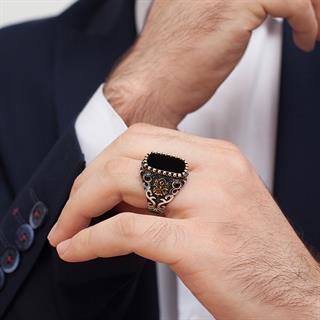 Kare Oniks Taşlı Osmanlı Devleti Armalı 925 Gümüş Erkek Yüzük