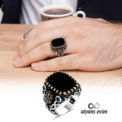 Kare Oniks Taşlı Osmanlı Devleti Armalı 925 Gümüş Erkek Yüzük