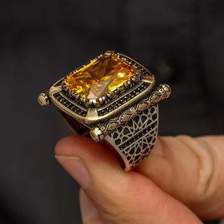 Kare Sarı Sitrin Taşlı 925 Gümüş Erkek Yüzük