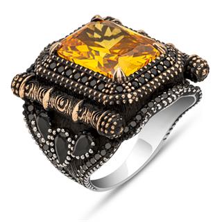 Kare Sarı Sitrin Taşlı 925 Gümüş Yüzük