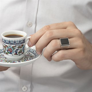 Kare Siyah Oniks Taşlı 925 Gümüş Erkek Yüzük