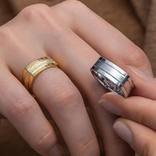 Kare Tasarım Çizgili Çift Gümüş Alyans Yüzük