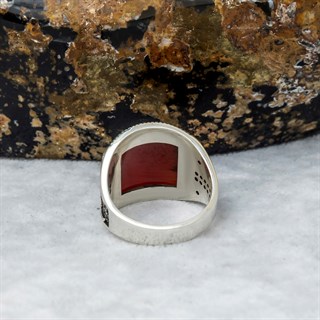 Karpuz Kesim Kırmızı Taşlı 925 Gümüş Erkek Yüzük