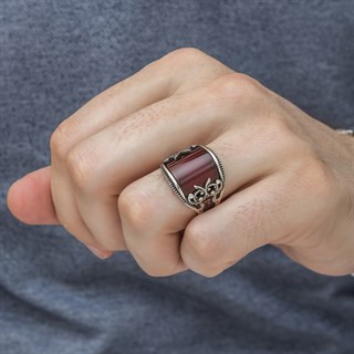 Karpuz Kesim Kırmızı Taşlı 925 Gümüş Erkek Yüzük