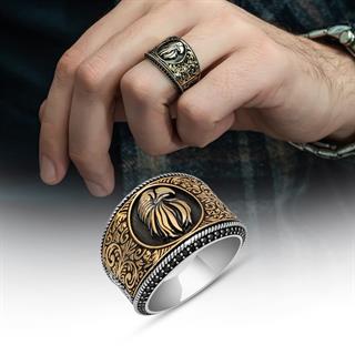 Kartal Başı Desenli Mikro Taşlı 925 Gümüş Erkek Yüzük